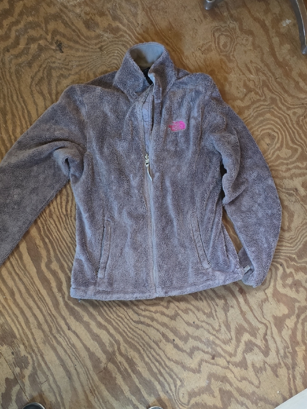 The North Face Plush Fleece Jacket in Grey with Pink Logo